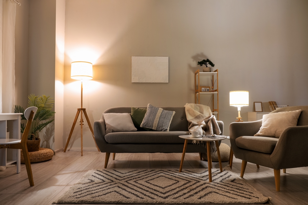 Interior,Of,Living,Room,With,Cozy,Grey,Sofa,,Armchair,And