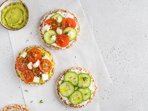 Vegetarian,Open,Sandwiches,With,Fresh,Vegetable,,Avocado,And,Tofu,Cheese