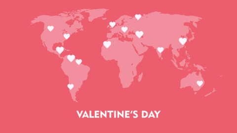 Pink world map with hearts