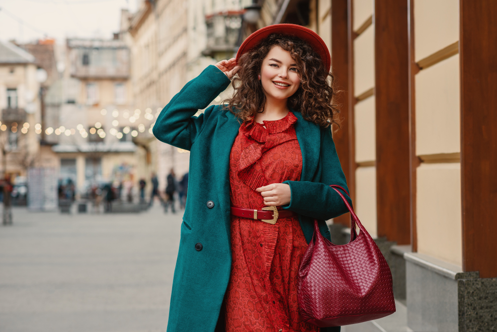 Happy,Smiling,Fashionable,Curvy,Woman,Wearing,Trendy,Autumn,Outfit:,Orange