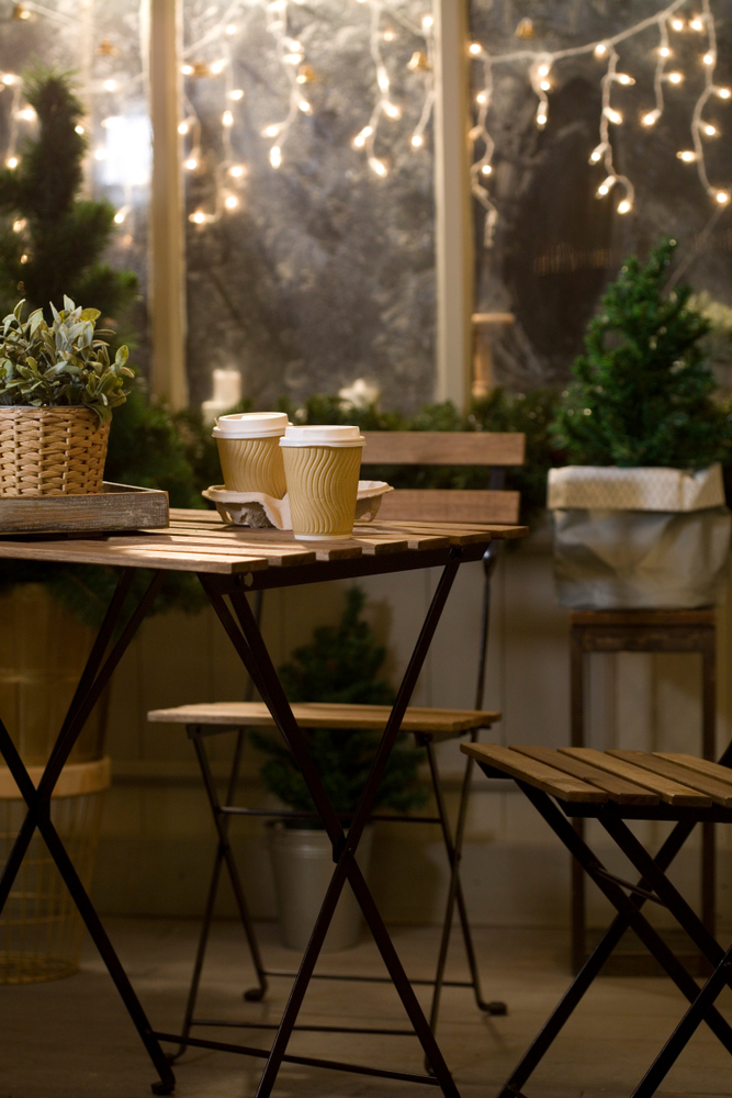 Winter.,Street,Cafes.,City,,Street,,Romantic,Date.,Two,Cups,Of