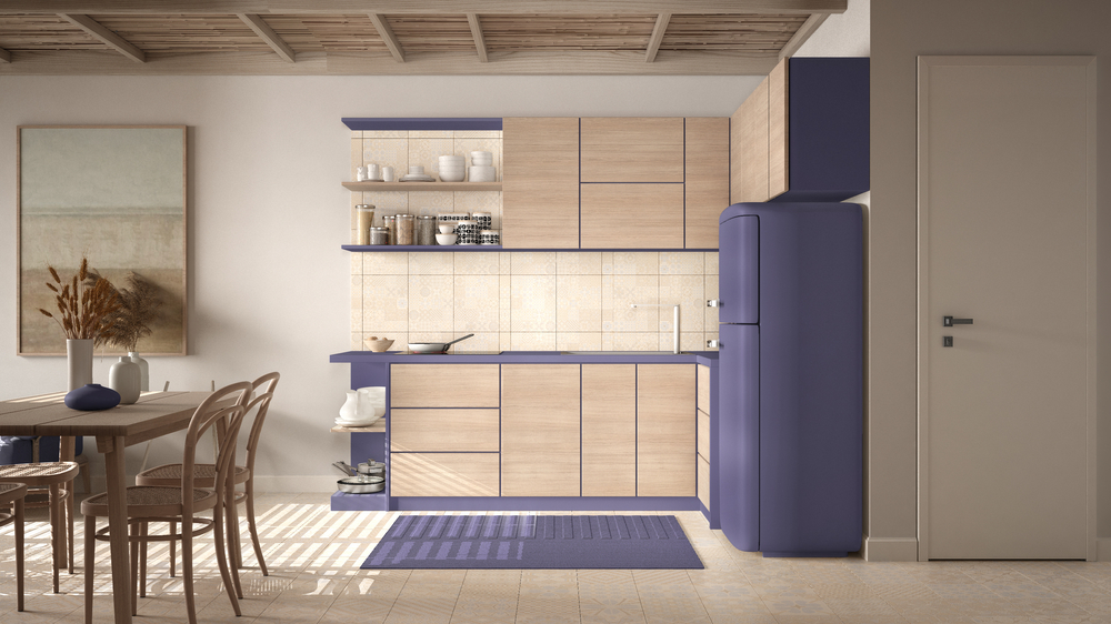 Cosy,Wooden,Sustainable,Dining,Room,And,Kitchen,In,Violet,Tones