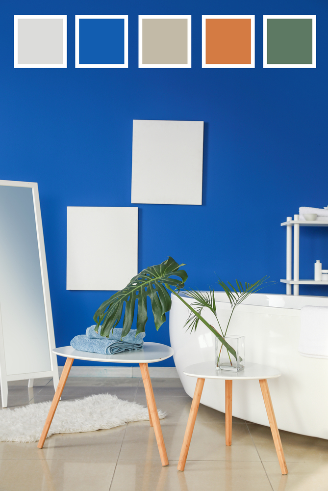 Interior,Of,Modern,Bathroom,With,Blue,Wall.,Different,Color,Patterns
