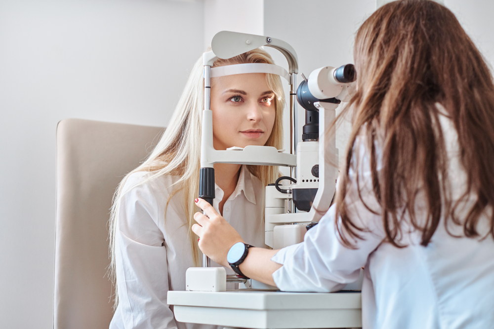 Attractive,Woman,Is,Doing,Eye,Test,In,Optical,Clinic,With