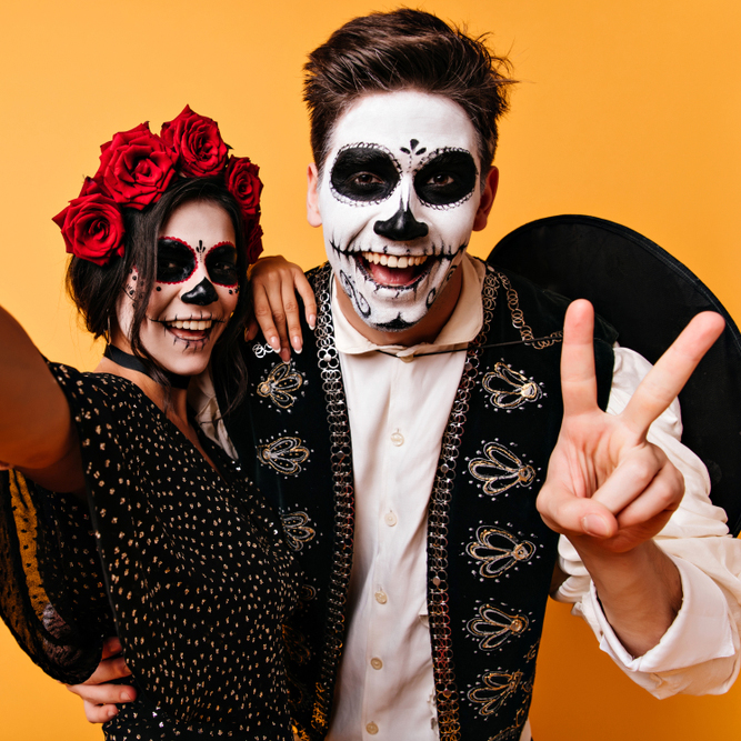 Wonderful,Couple,In,Halloween,Costumes,Making,Selfie.,Smiling,Lady,In