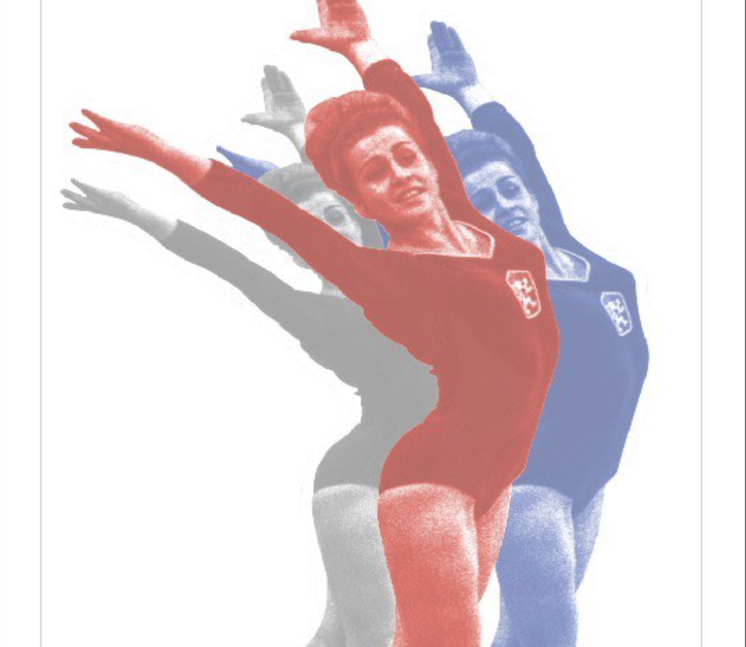 Věra, Čáslavská, gymnastka, cvičí, grafika, červená, modrá, bílá