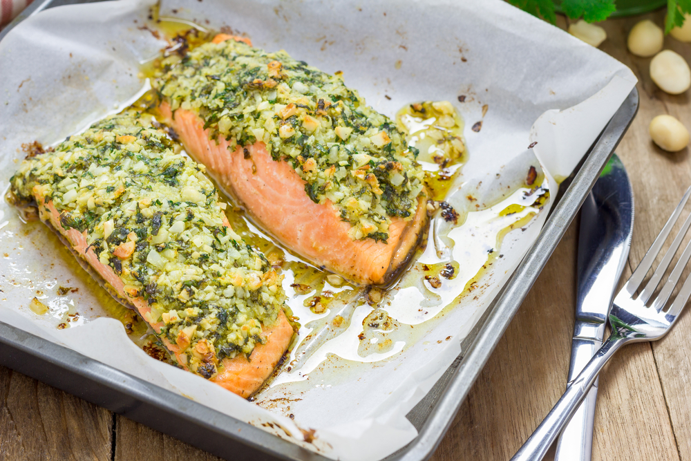 Baked,Salmon,With,Macadamia-cilantro,Crust,In,A,Baking,Dish