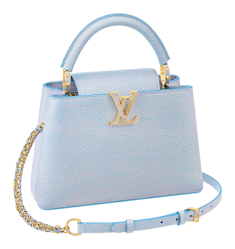 LOW Capucines BB with braided chain and seashell-effect LV signature in Lilas iridescent taurillonf