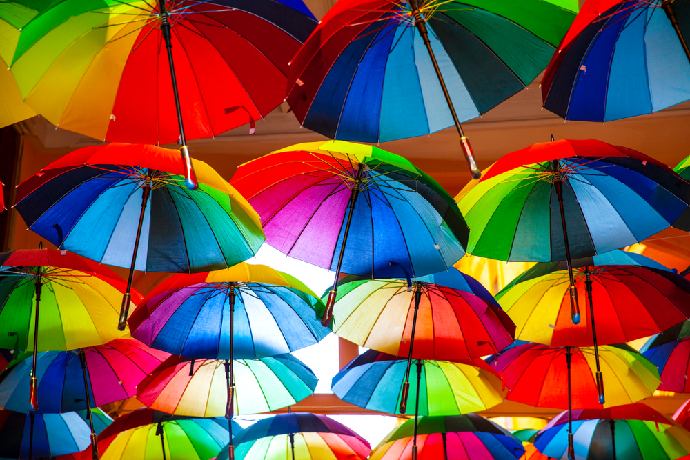 Rainbow,Gay,Pride,Protection,Symbol,In,Hanging,Umbrellas