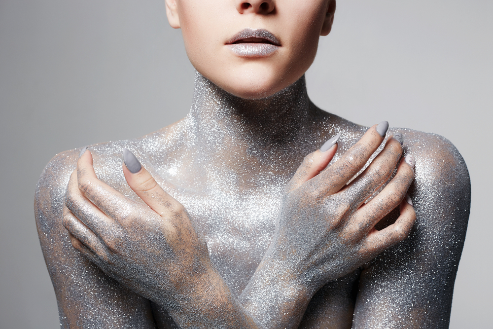 Silver,Girl.,Portrait,Of,Beautiful,Woman,With,Sparkles,On,Her