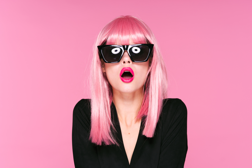 Surprised,Woman,Pink,Lips,Wig,On,Her,Head,Black,Glasses
