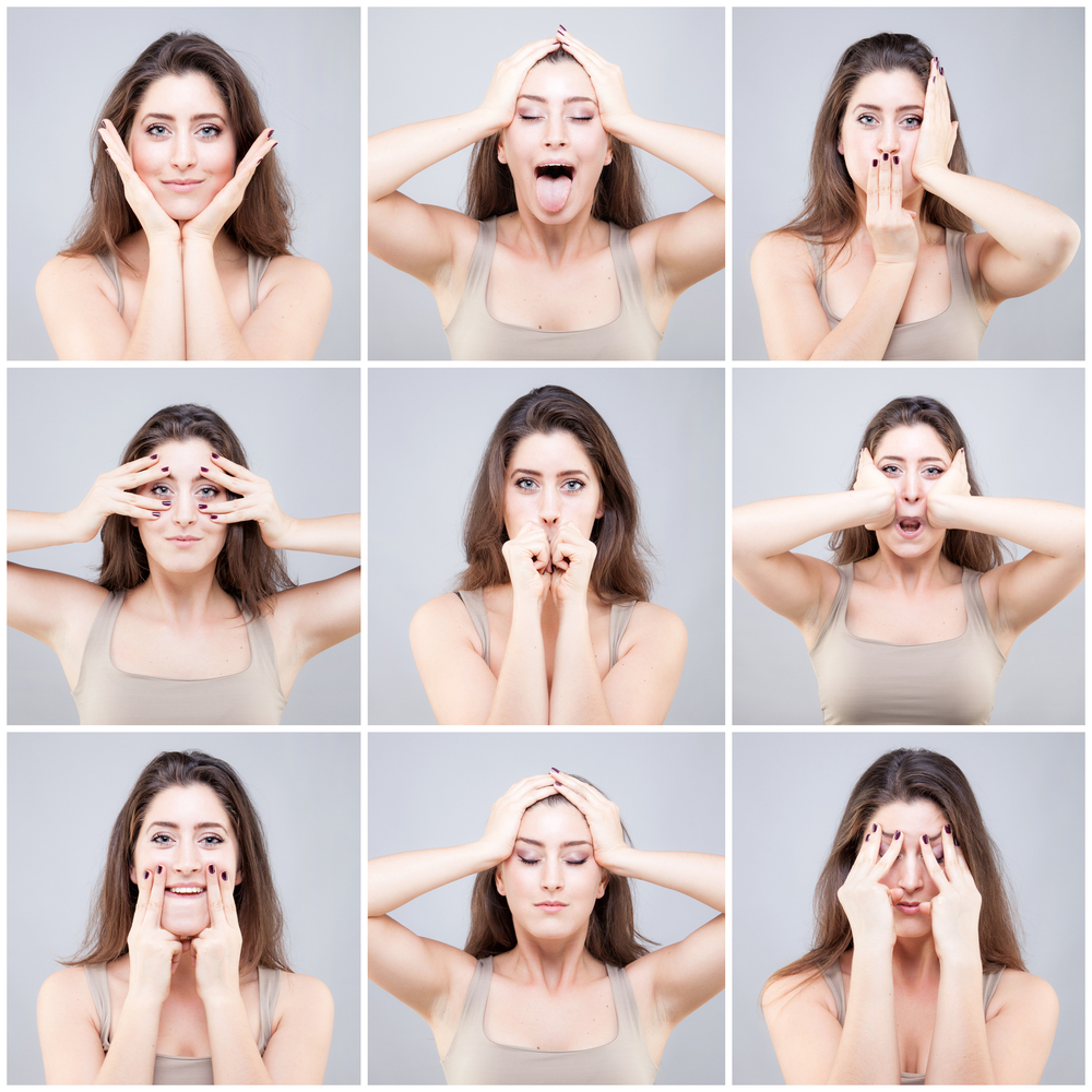 Beautiful,Young,Caucasian,Woman,Doing,Face,Yoga,Poses