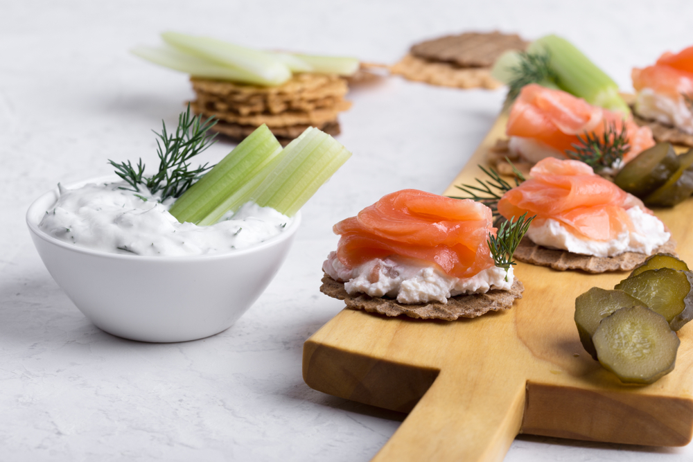 Party,Food,,Appetizer,With,Salmon,Pate,And,Smoked,Salmon,,Yoghurt