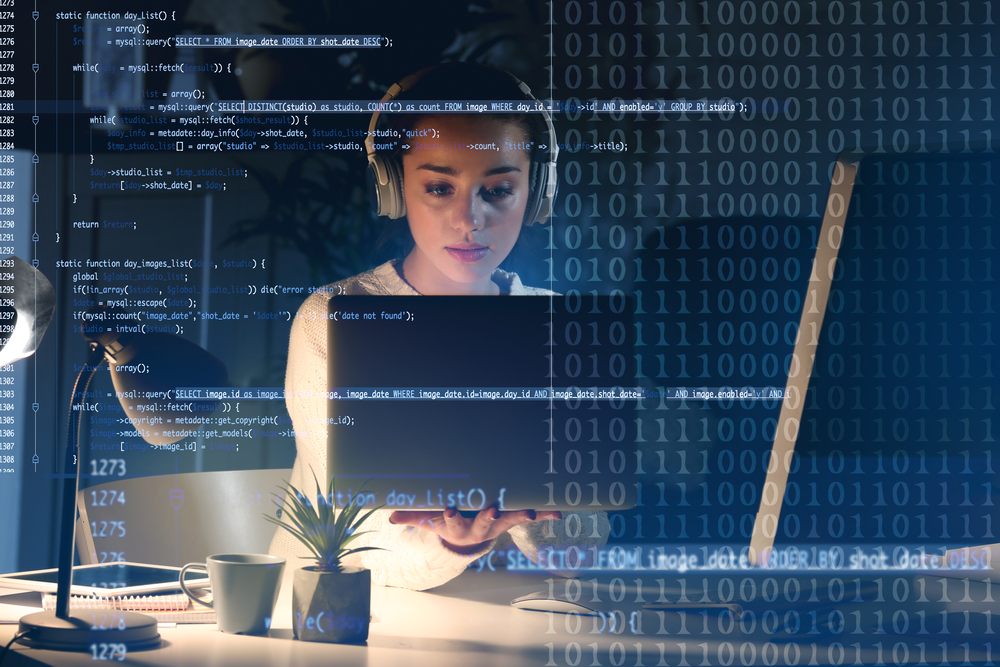 Program,Development,Concept.,Young,Woman,Listening,To,Music,While,Working