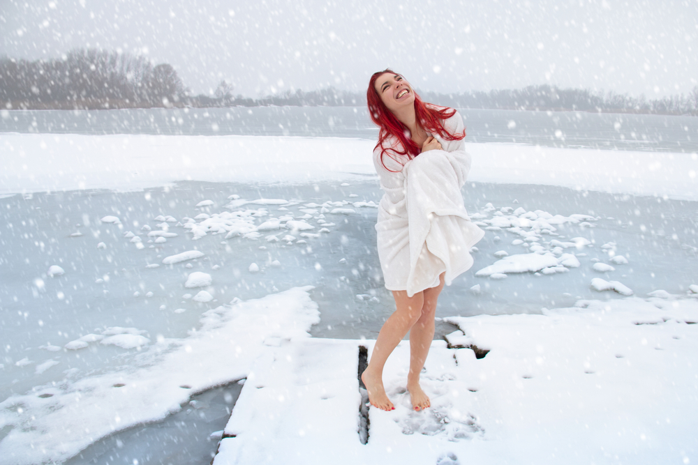 Happy,Woman,Hardening,And,Winter,Swimming,Concept.,Barefoot,Female,Enjoying