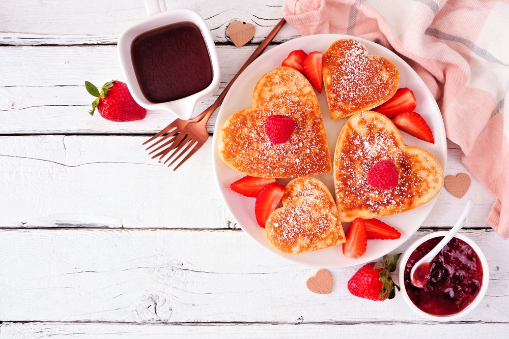 Valentines,Or,Mothers,Day,Heart,Shaped,Pancakes.,Top,Down,View