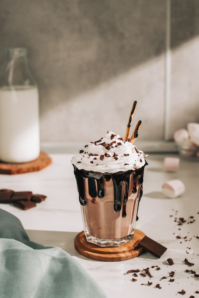Chocolate,Milkshake,With,Whipped,Cream,Served,In,Glass,On,The