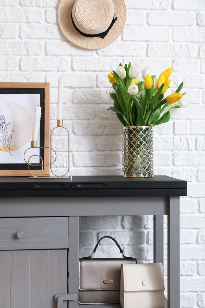 Bouquet,Of,Spring,Flowers,On,Chest,Of,Drawers,In,Modern