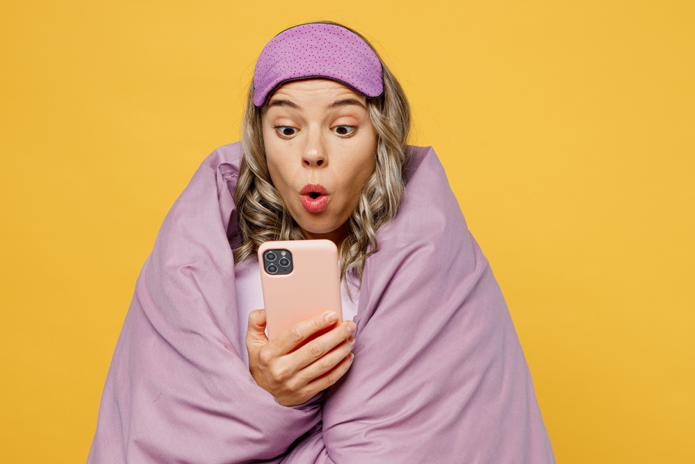 Young,Surprised,Woman,Wear,Pyjamas,Jam,Sleep,Eye,Mask,Wrapped