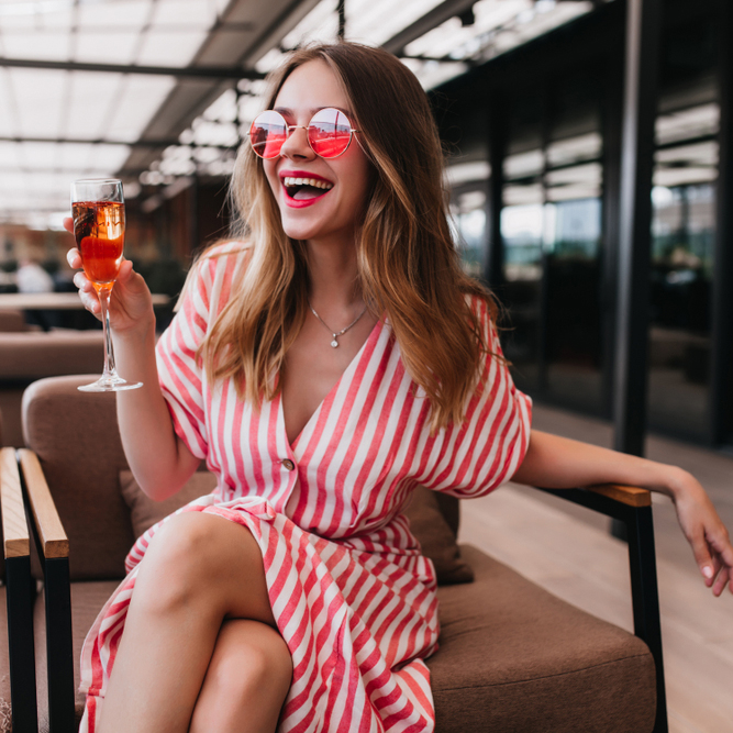 Blissful,Fair-haired,Girl,Spending,Summer,Day,In,Restaurant.,Happy,European