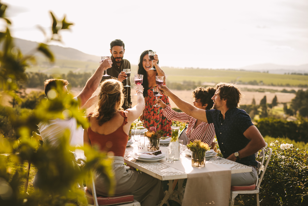 Friends,Making,Big,Party,Outdoors.,Group,Of,People,Toasting,Wine