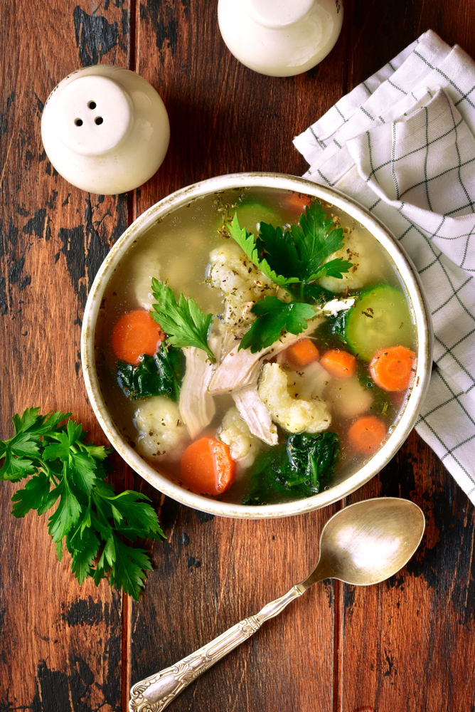 Vegetable,Soup,With,Chicken,Fillet,In,A,Bowl,Over,Dark