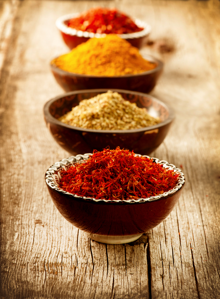 Spices,Curry,,Saffron,,Turmeric.,Spice,Over,Wood