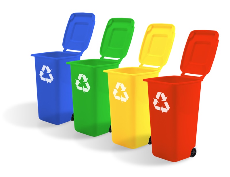 Recycle,Trash,Bin,Open,,Yellow,,Green,,Red,And,Blue,Isolated