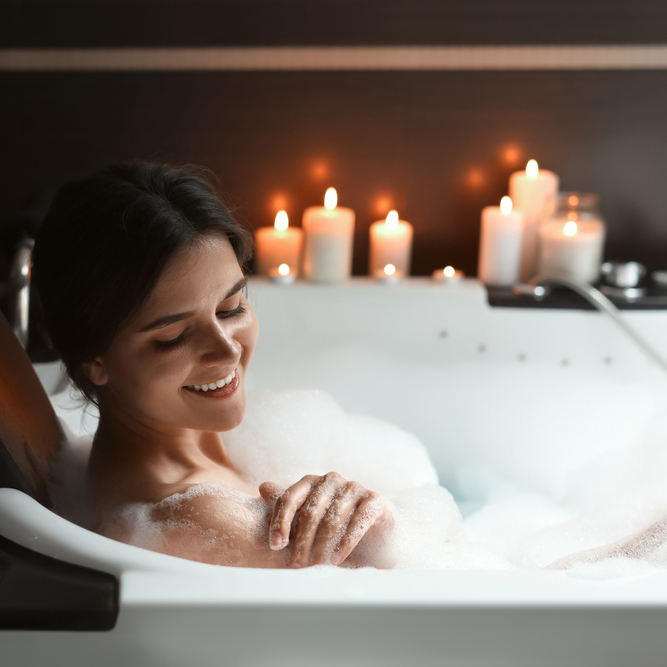 Happy,Beautiful,Woman,Taking,Bubble,Bath.,Romantic,Atmosphere
