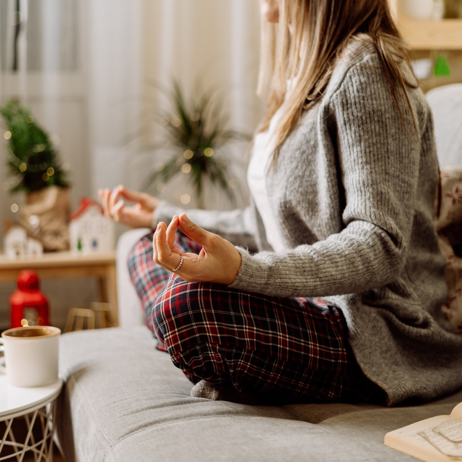 Cozy,Woman,In,Knitted,Winter,Warm,Sweater,And,Checkered,Pajama