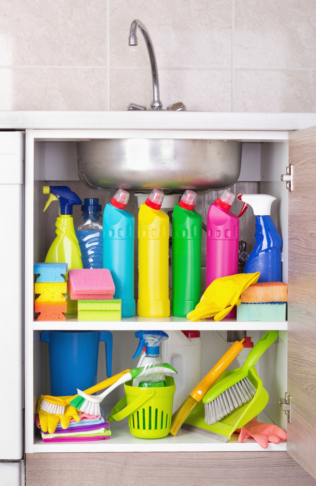 Cleaning,Products,Placed,In,Kitchen,Cabinet,Under,Sink.,Housekeeping,Storage