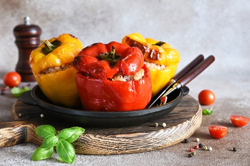 Stuffed,Pepper.,Paprika,With,Rice,And,Minced,Meat.,Baked,Peppers