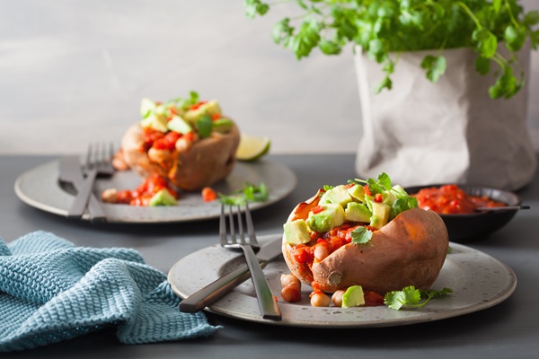 Baked,Sweet,Potatoes,With,Avocado,Chili,Salsa,And,Beans