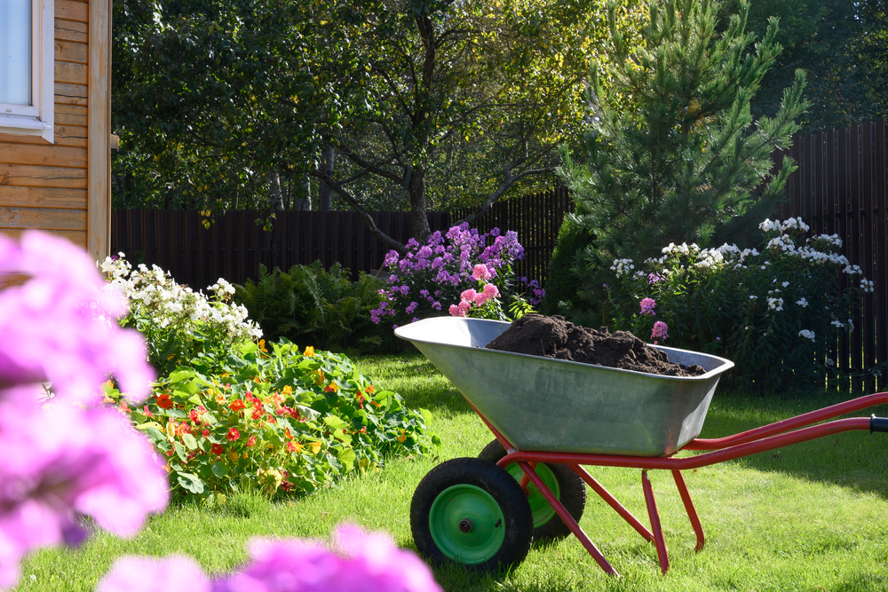 Wheelbarrow,Full,Of,Humus,And,Compost,On,Green,Lawn,With