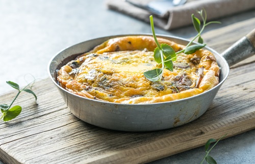 Omlet,With,Mushrooms,In,A,Pan,On,A,Concrete,Background.