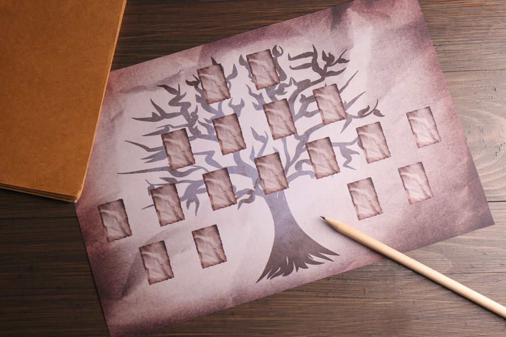 Blank,Family,Tree,,Notebook,And,Pencil,On,Wooden,Table,,Flat