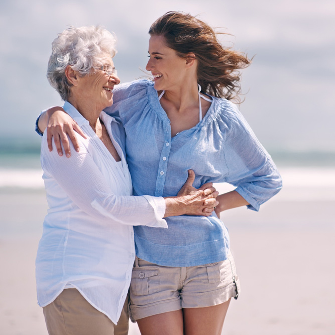 Beach,,Embrace,And,Senior,Woman,With,Young,Woman,On,The