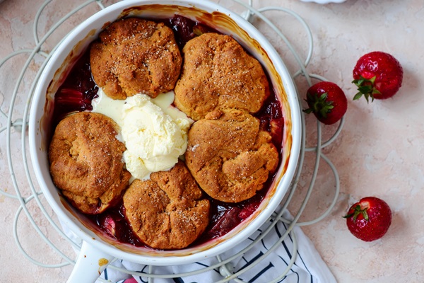 Cobbler,With,Rhubarb,And,Strawberries.style,Hugge.,Top,Veiw.selective,Focus