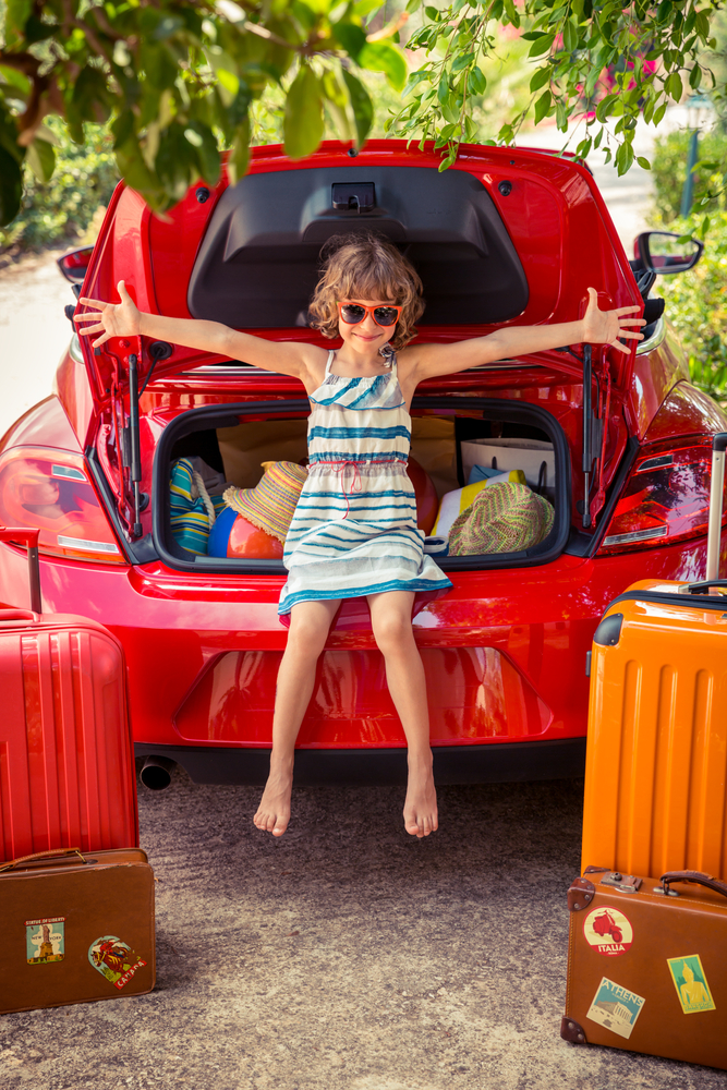 Happy,Child,Ready,To,Trip.,Kid,Sitting,In,Trunk,Of