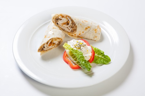 Rolls,From,Pita,Bread,Stuffed,With,Chicken,Mushroom,And,Onion.