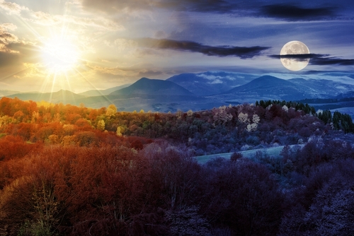 Autumn,Landscape,With,Sun,And,Moon,At,Twilight.,Forest,In