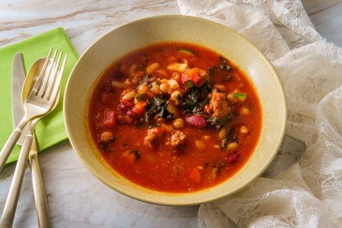 Hearty,Italian,Minestrone,Soup,With,Cavatappi,Pasta,Sausage,And,Vegetables